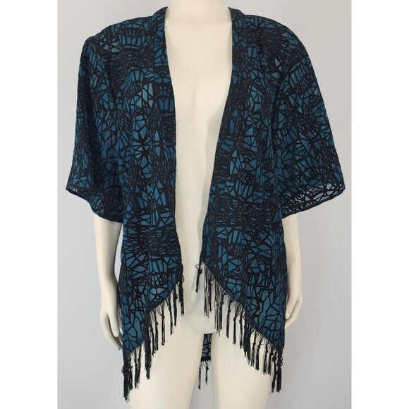 Women's Hot Topic Teal Black Sheer Velvet Fringed Cardigan Kimono Small Geometri - Picture 2 of 7